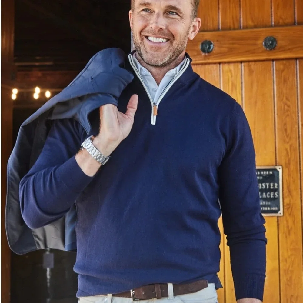 Collars & Co‎ Mens Navy Blue Cotton Cashmere Quarter Zip Pullover Sweater Size M